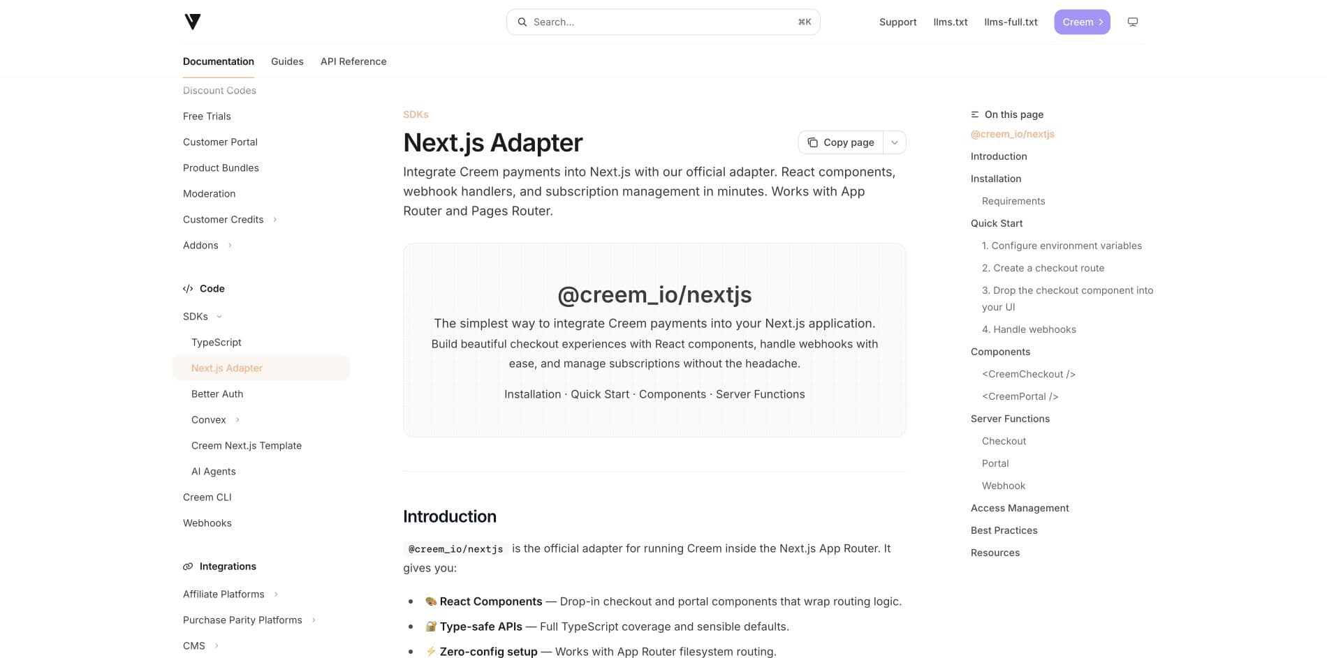 Creem 当前官方 Next.js Adapter 页面，配图不是作者实操结果