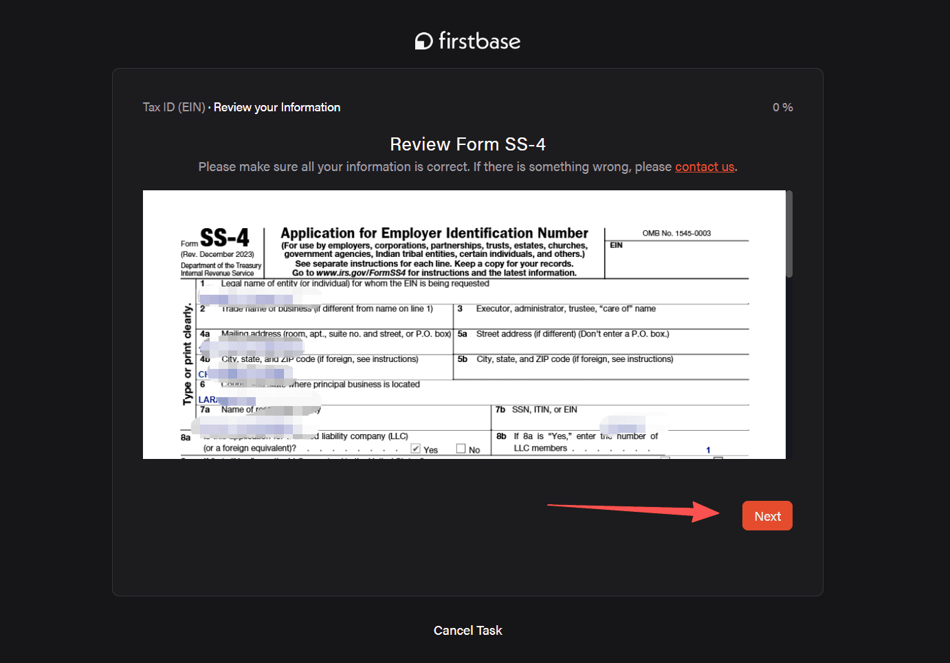 Firstbase 的 Review Form SS-4 页面