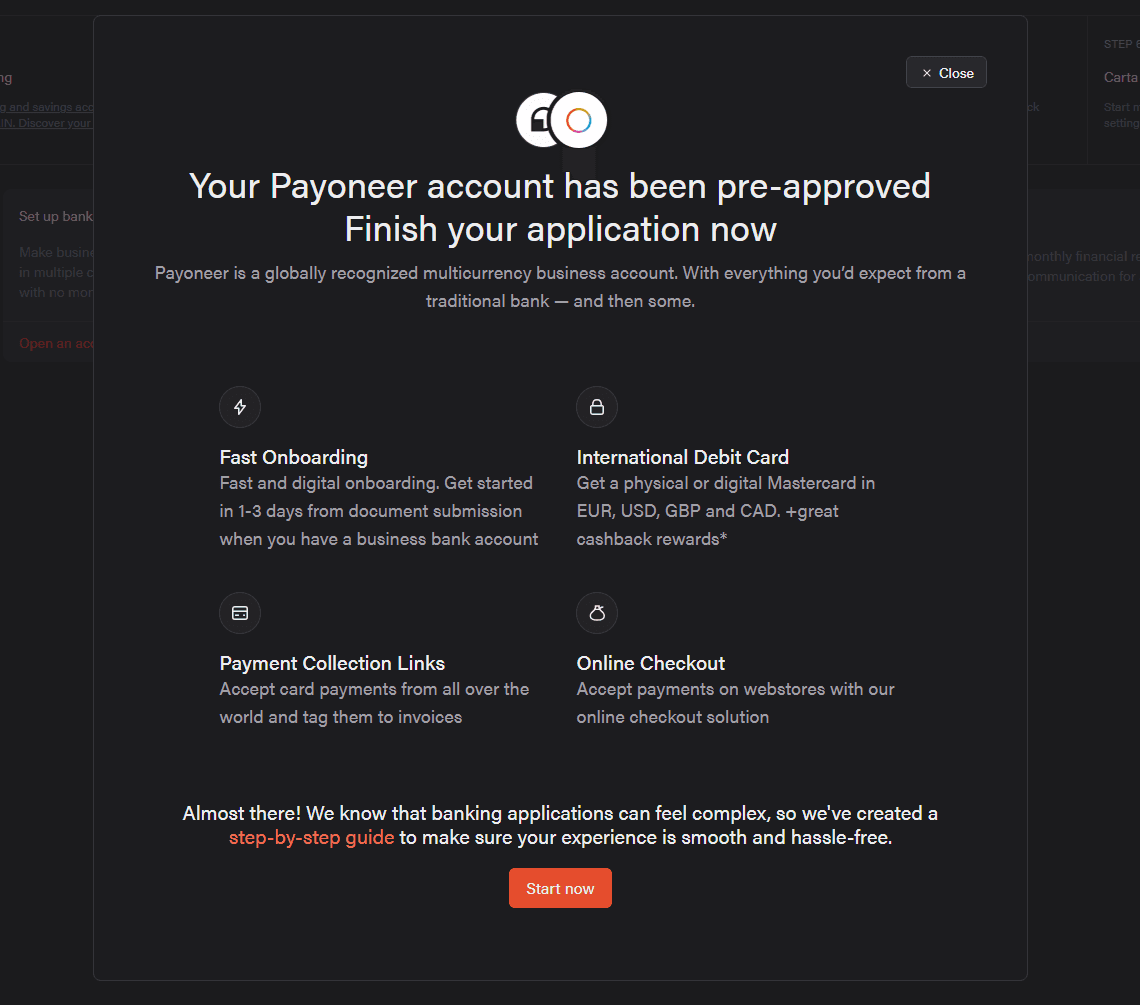 签名后出现的 Payoneer 推广弹窗