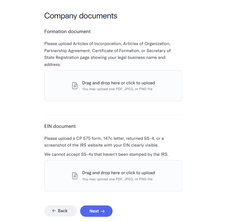 Mercury 页面要求上传成立文件和 IRS 出具的 EIN 文件