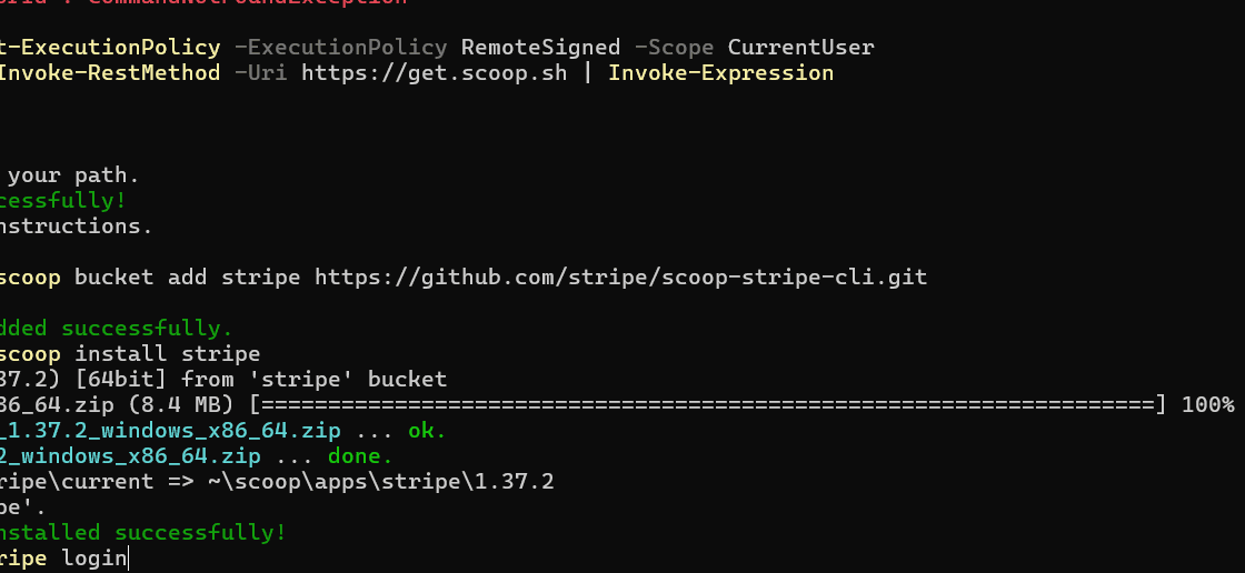 Windows PowerShell 安装 Stripe CLI 的真实记录，已遮盖本机用户名