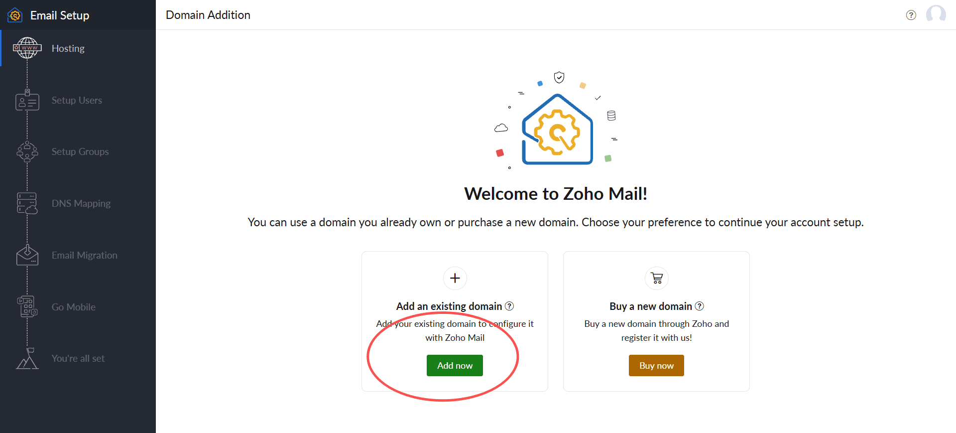 已有域名从 Add an existing domain 进入