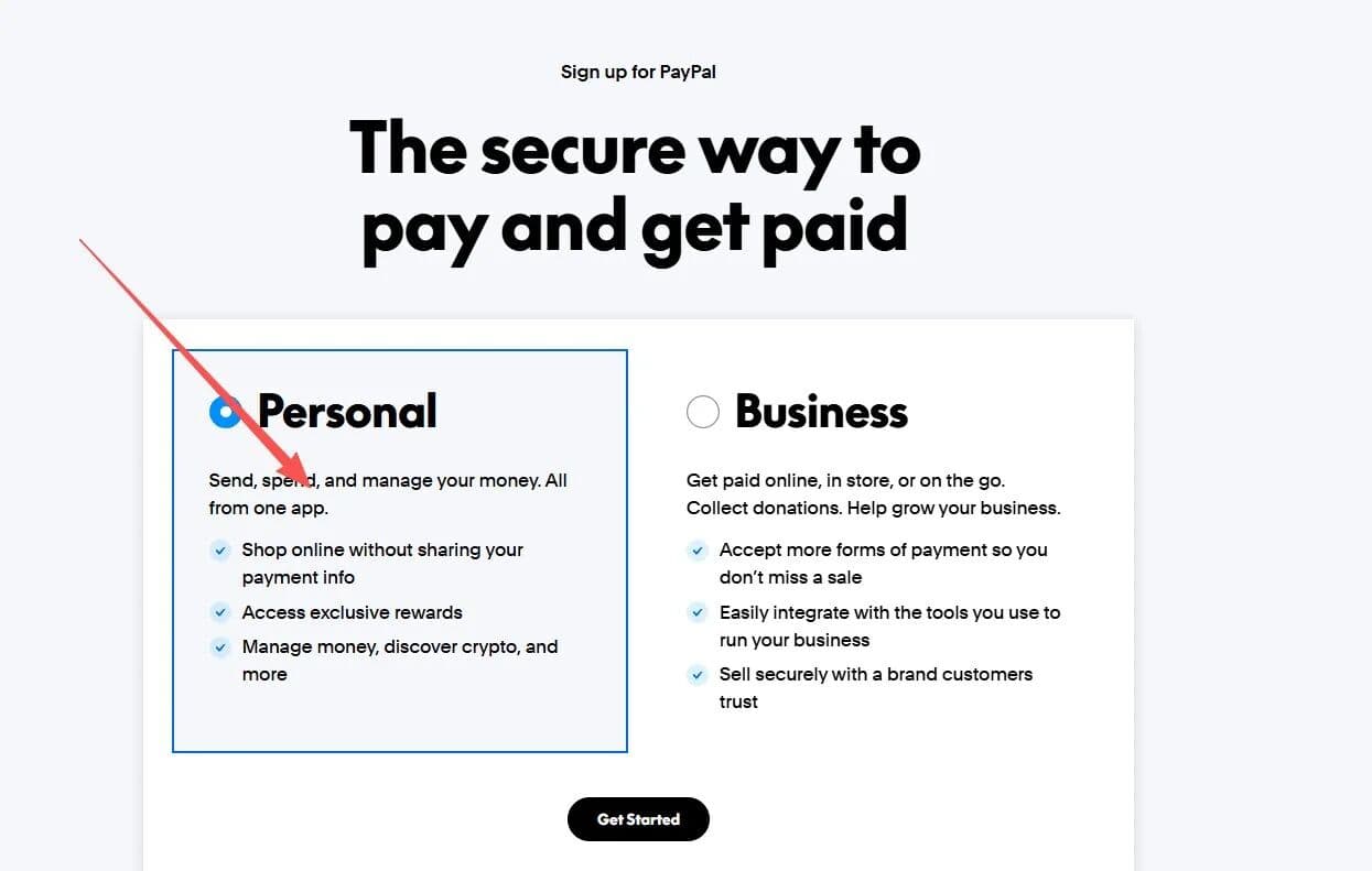 PayPal 个人账户和企业账户选择页