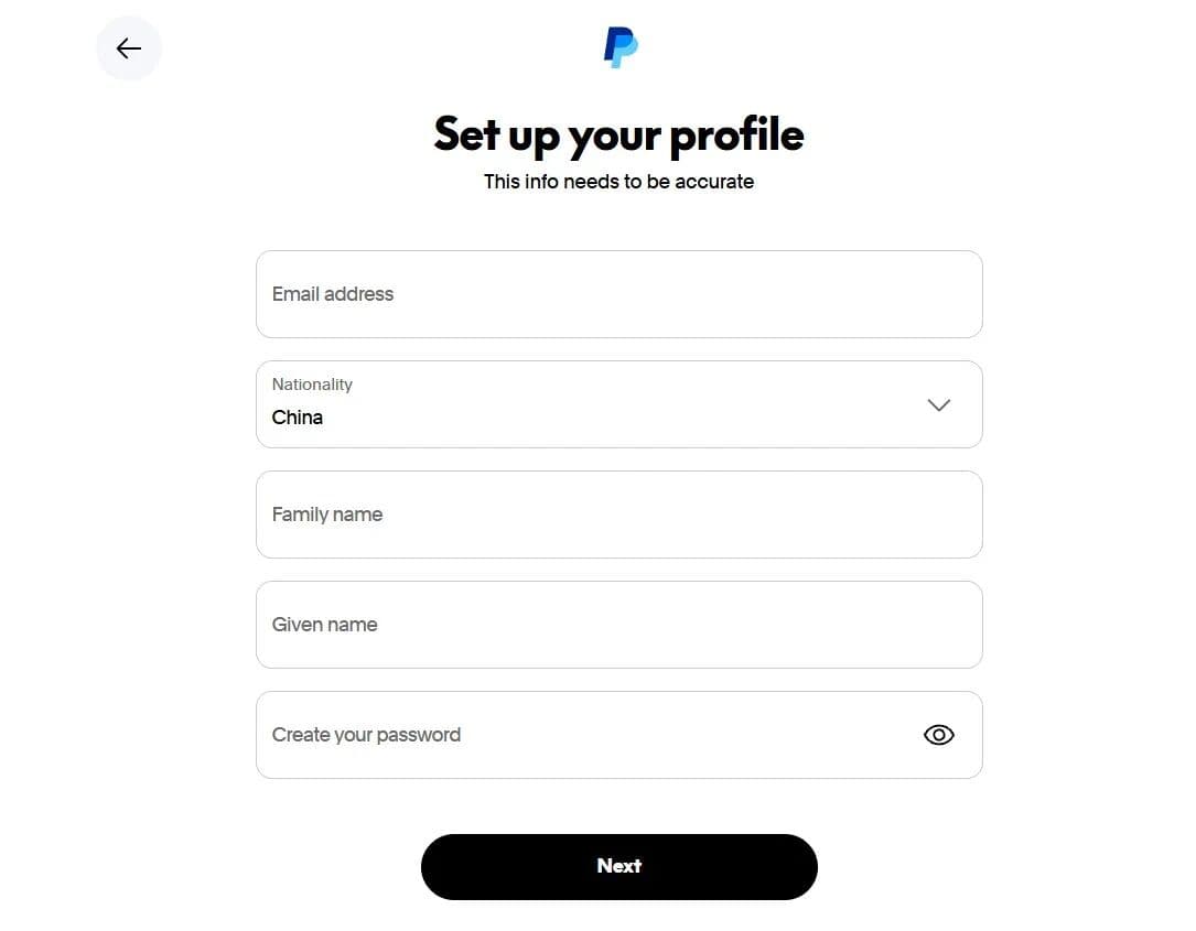 PayPal 个人资料填写页面