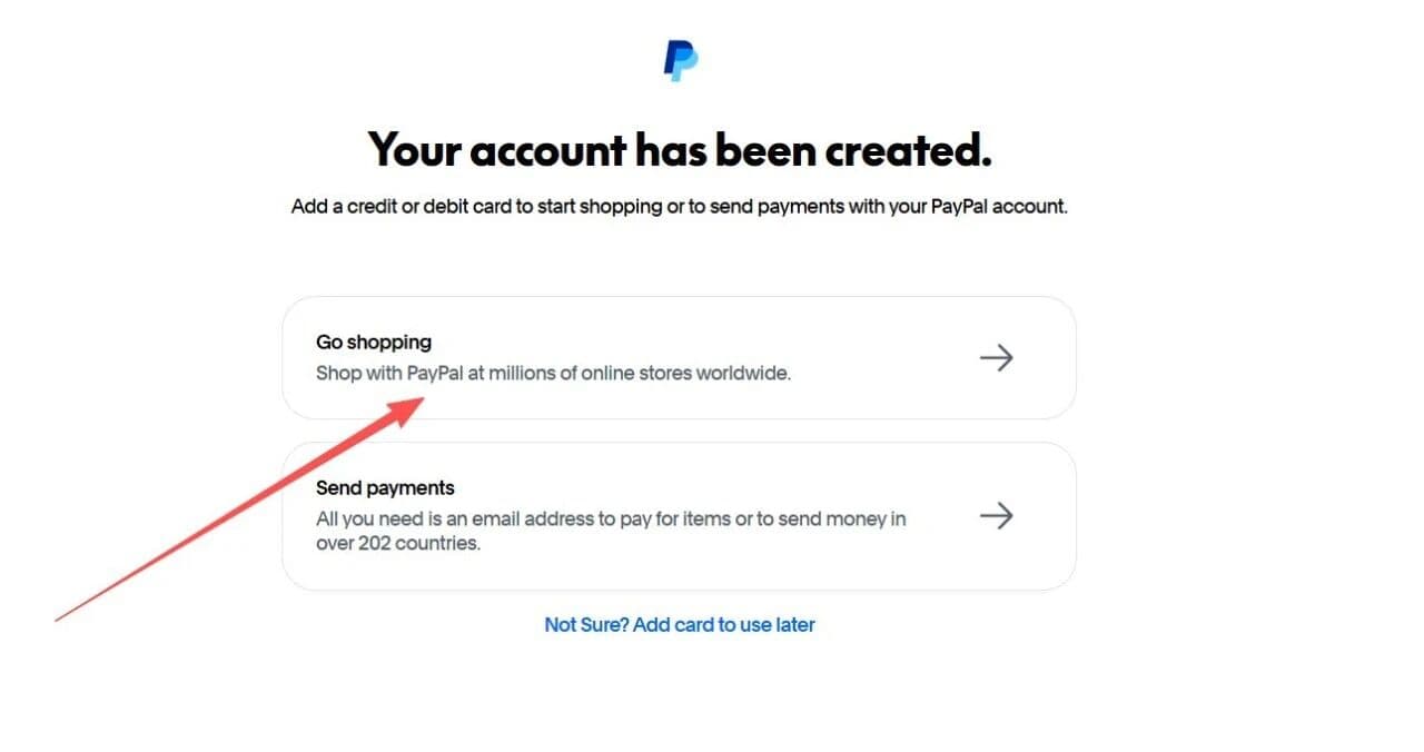 PayPal 账户创建完成后的绑卡引导页