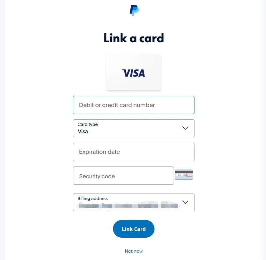 PayPal 添加银行卡或信用卡页面
